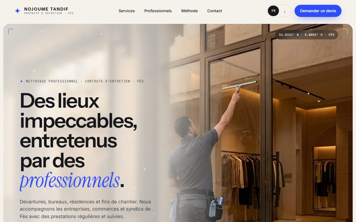 Maquette de site web pour Nojoume Tandif, Nettoyage professionnel · Fès
