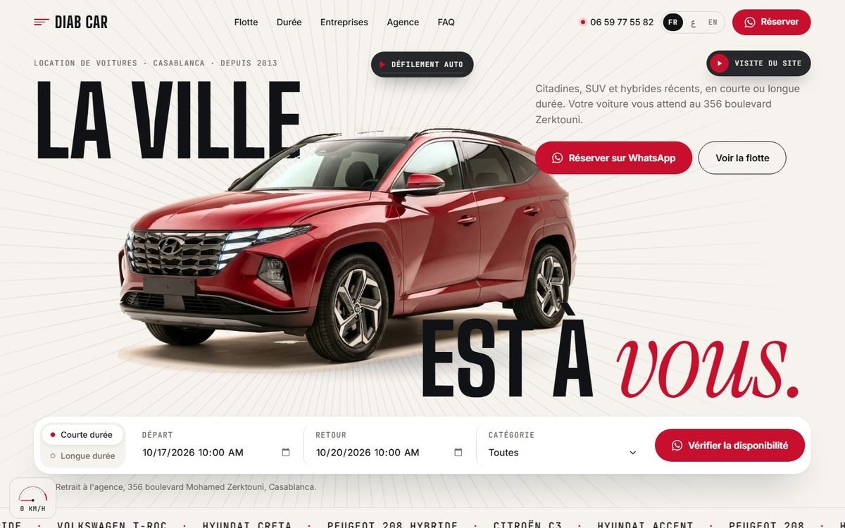 Maquette de site web pour Diab Car, Location de voitures · Casablanca