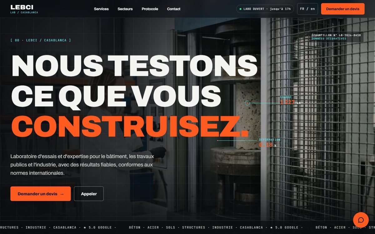 Maquette de site web pour LEBCI, Laboratoire BTP · Casablanca