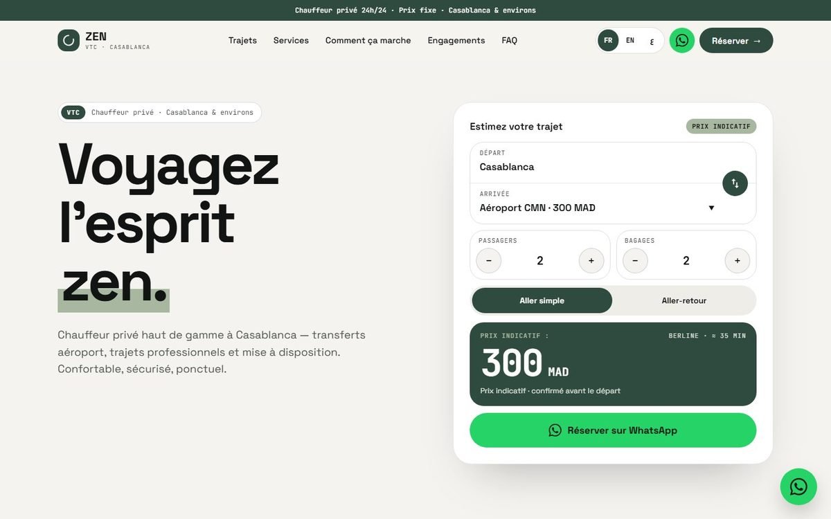 Maquette de site web pour ZEN VTC, Chauffeur privé · Casablanca