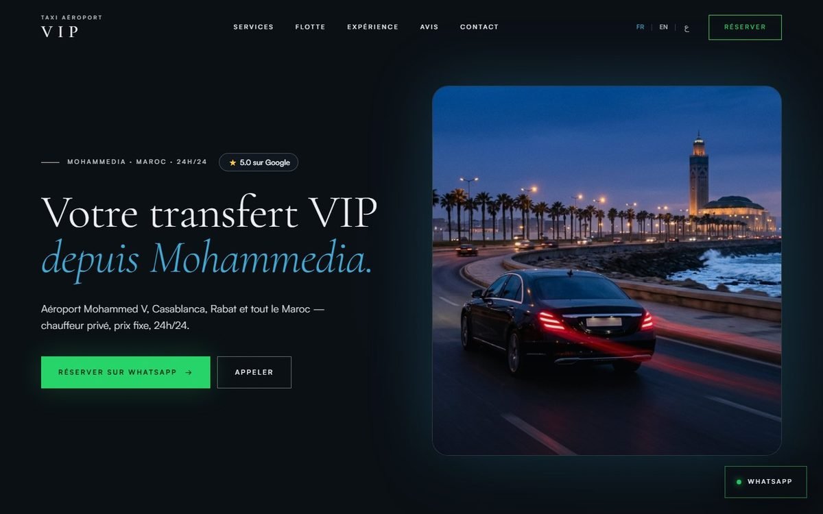 Maquette de site web pour Taxi Aéroport VIP, Transfert VIP · Mohammedia